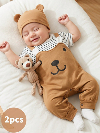 Baby Bear Overall Set, 2-Piece Brown Romper and Striped T-Shirt Outfit with Matching Hat