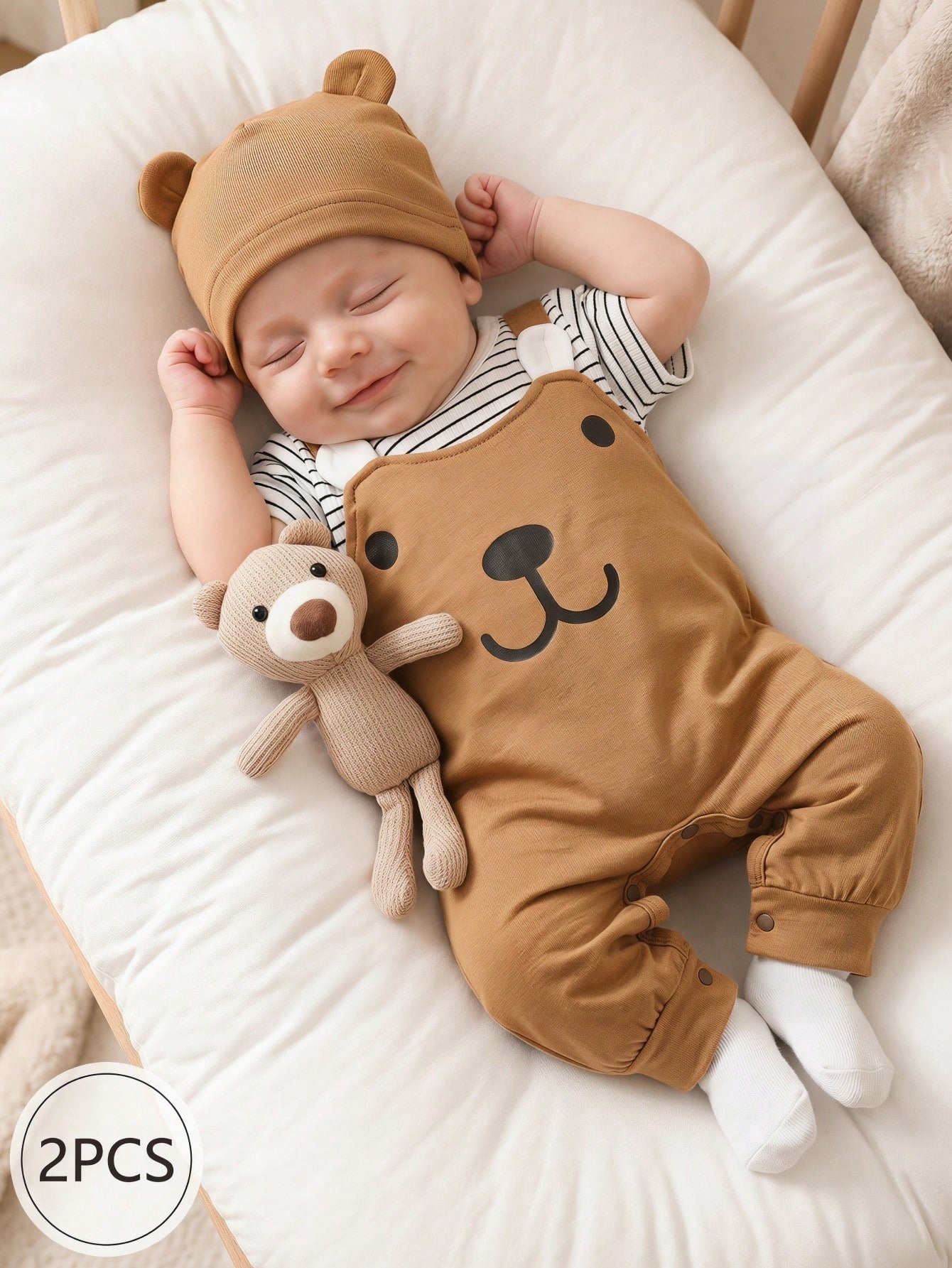Baby Bear Overall Set, 2-Piece Brown Romper and Striped T-Shirt Outfit with Matching Hat
