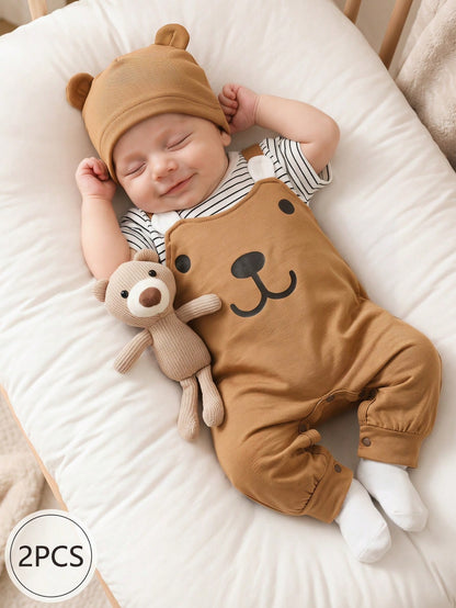 Baby Bear Overall Set, 2-Piece Brown Romper and Striped T-Shirt Outfit with Matching Hat