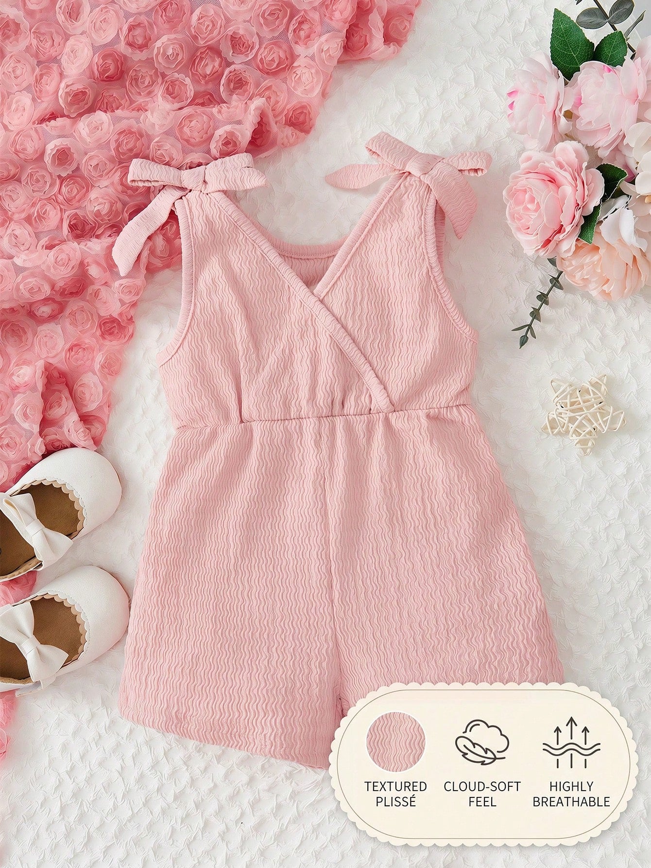 Baby Girls Pink Textured Bow Shoulder Romper