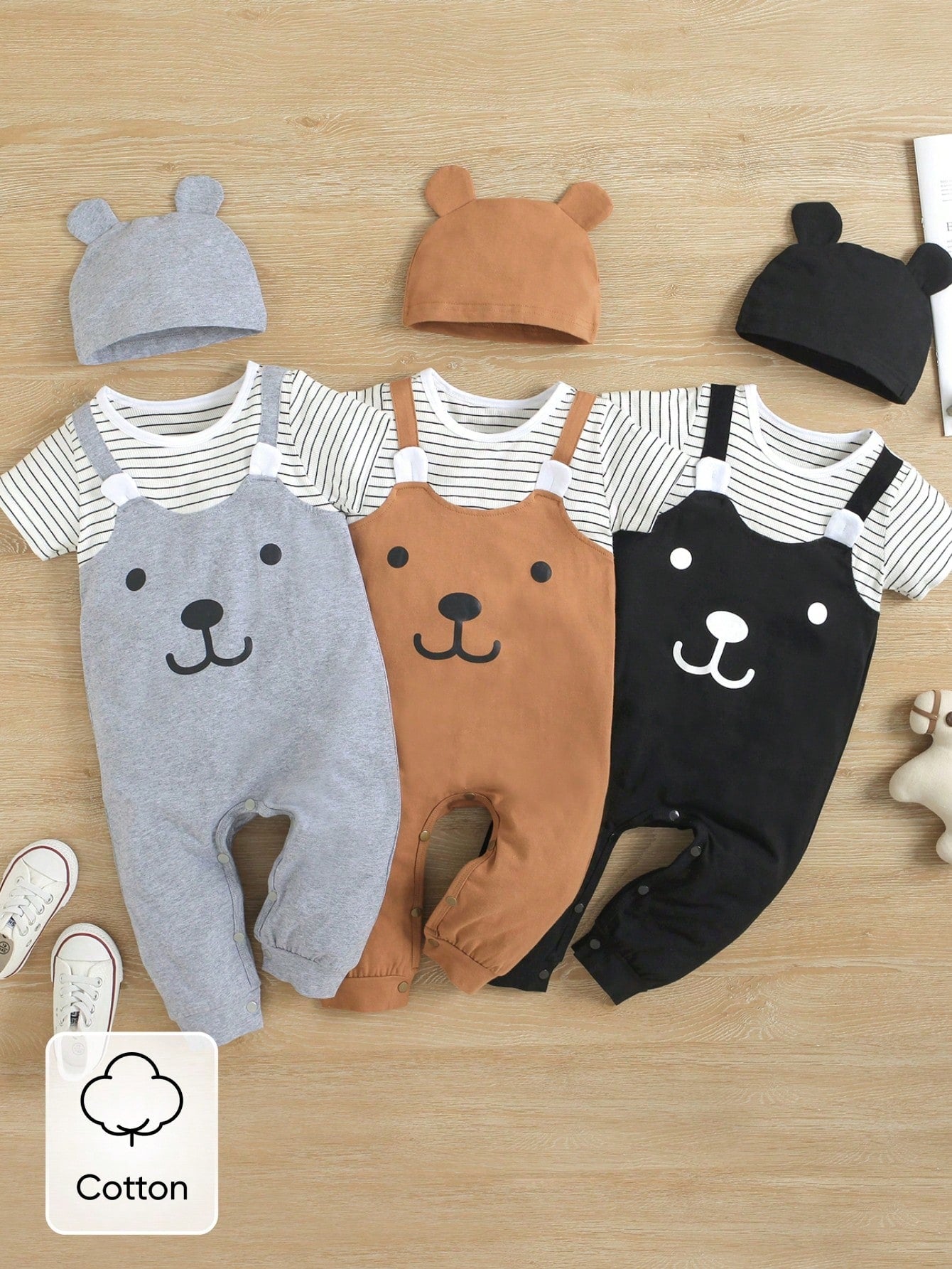 Baby Unisex Bear Face Striped T-Shirt Romper Set With Hat