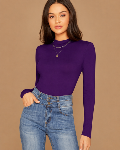 Women’s Purple Mock Neck Long Sleeve Solid Tee