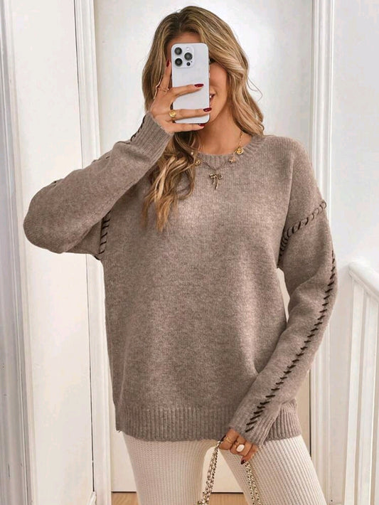 Khaki Oversized Knit Sweater – Crew Neck Casual Women Pullover for Autumn & Winter