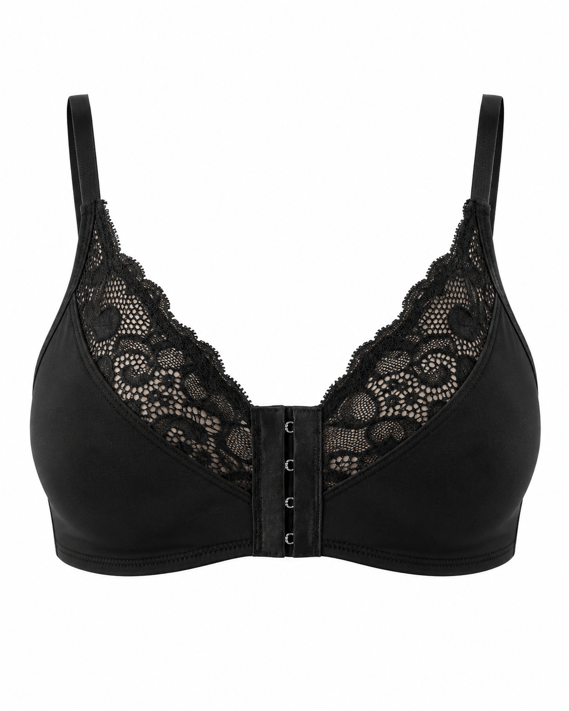 Black Lace Patchwork Front Closure Bra with Adjustable Straps