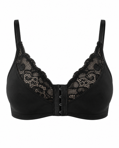 Black Lace Patchwork Front Closure Bra with Adjustable Straps