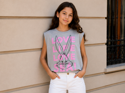 Girls Grey Bunny Graphic Sleeveless Top – Casual Summer Tank T-Shirt, Fast Delivery in 5 Days