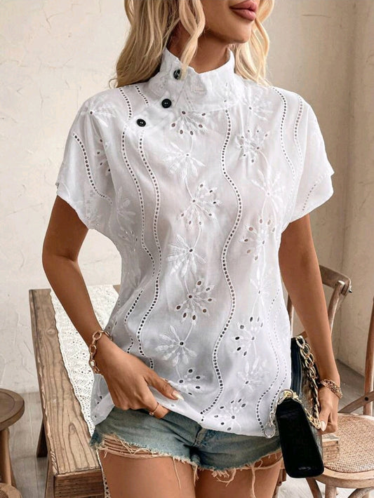 Women’s White Embroidered Eyelet Blouse – Short Sleeve High Neck Summer Top