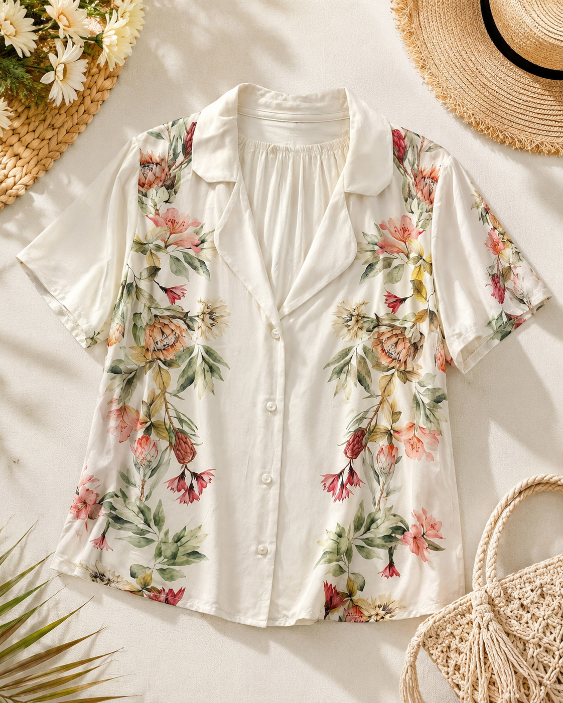 SHEIN Fast Delivery White Floral Short Sleeve Shirt – Lightweight Button-Up Blouse