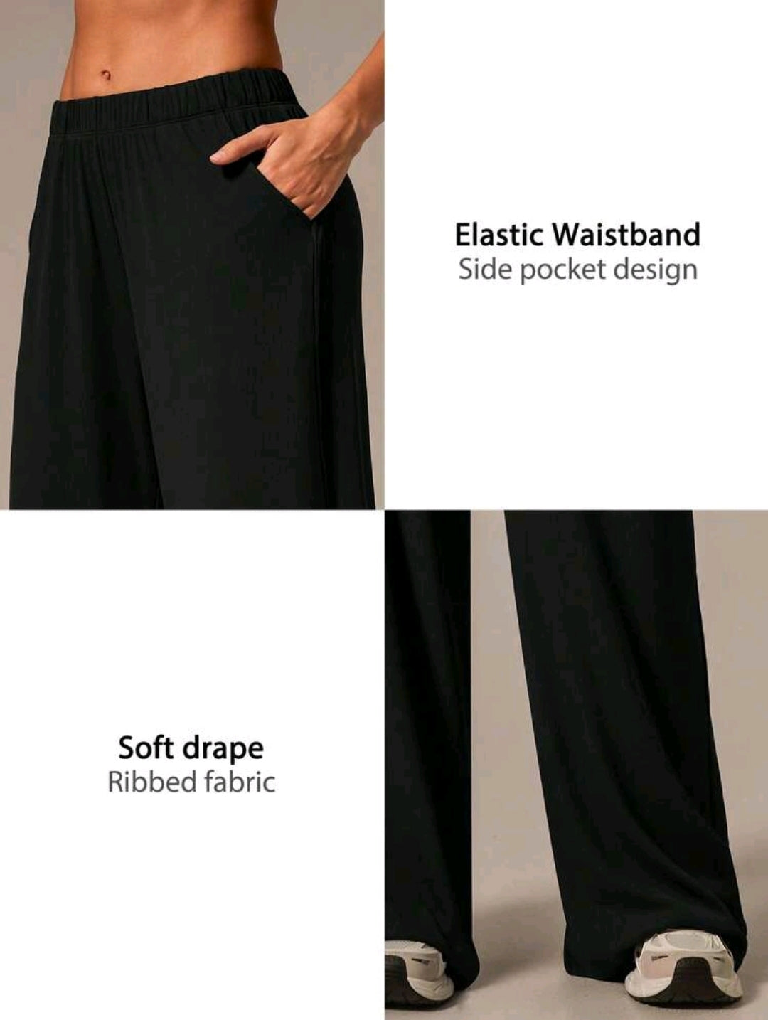 SHEIN Women’s Black Ribbed Wide Leg Sports Pants – Elastic Waist Loose Fit Pocket Trousers,