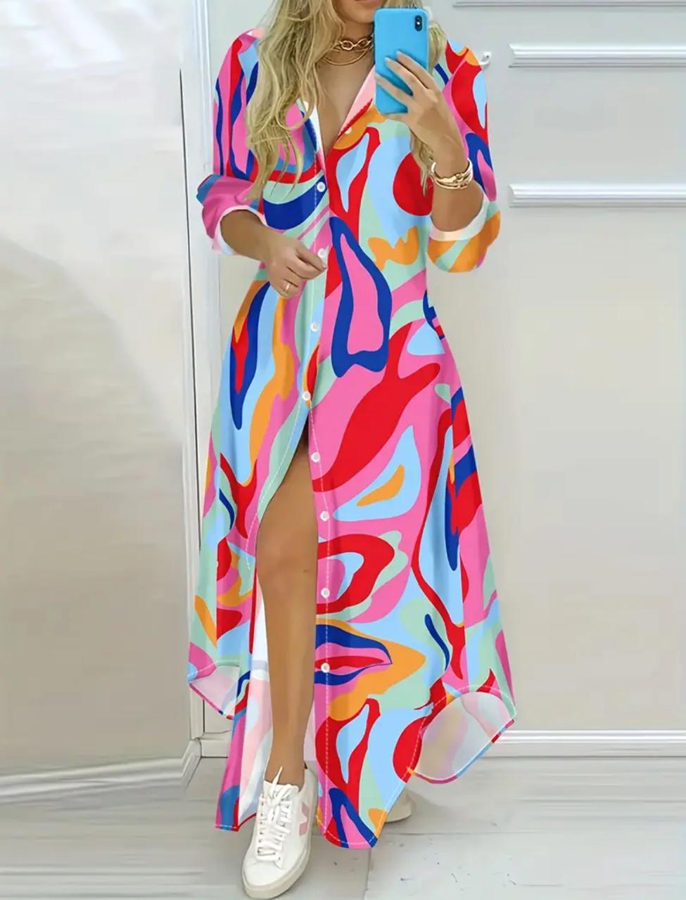 Women Abstract Print Maxi Shirt Dress – Long Sleeve Button Down Colorful Dress – Summer Casual Dress