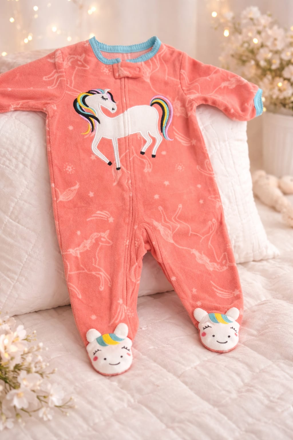 Baby Coral Unicorn Fleece Romper – Hoodless Winter One Piece