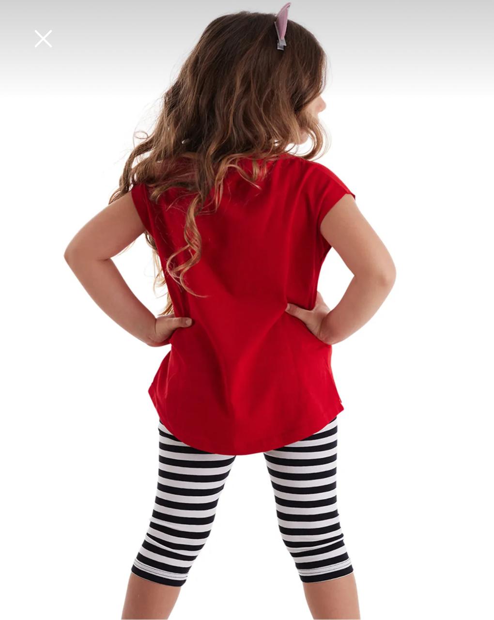Girls Red Cat Print Sleeveless Top and Striped Leggings Set