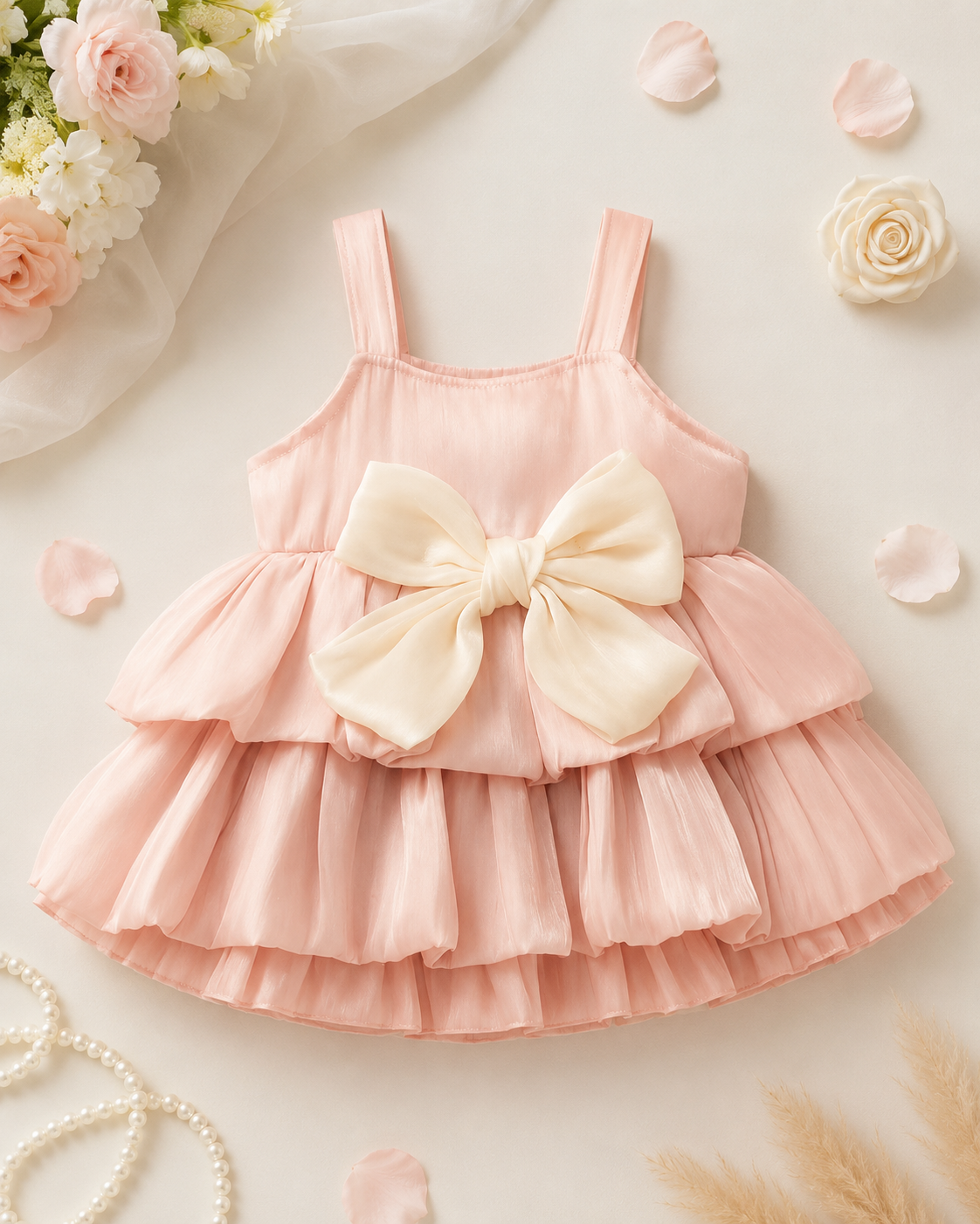 Girls Pink Layered Tulle Dress with Large Bow Detail and Sleeveless Design