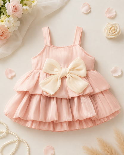 Girls Pink Layered Tulle Dress with Large Bow Detail and Sleeveless Design