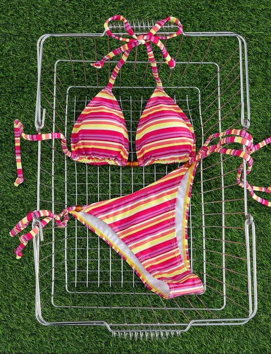 Striped Halter Tie Bikini Set – Colorful Triangle Top & Bottom Women Beachwear