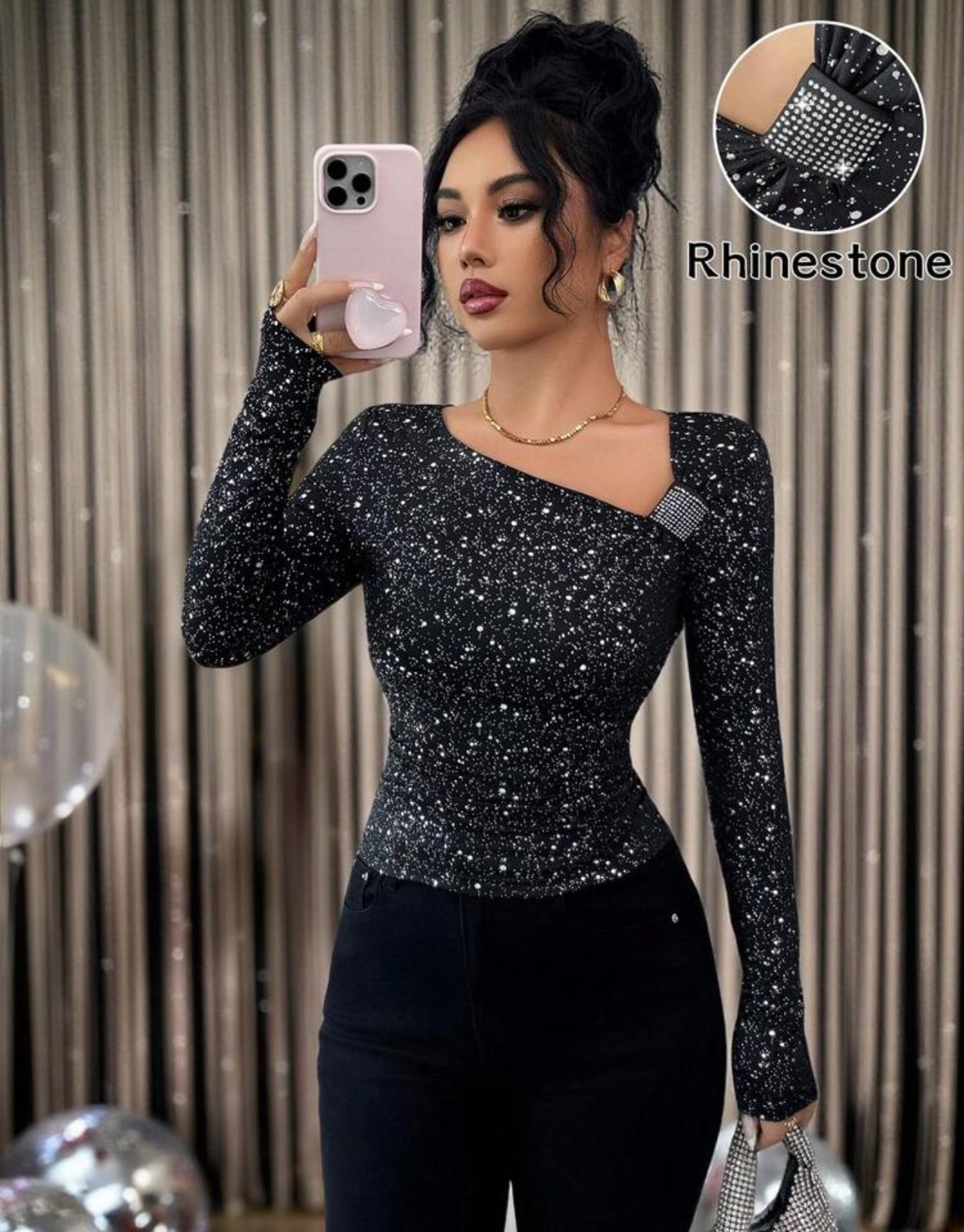 Black Rhinestone Asymmetric Long Sleeve Top – SHEIN Fast Delivery in 5 Days
