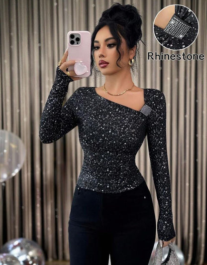 Black Rhinestone Asymmetric Long Sleeve Top – SHEIN Fast Delivery in 5 Days