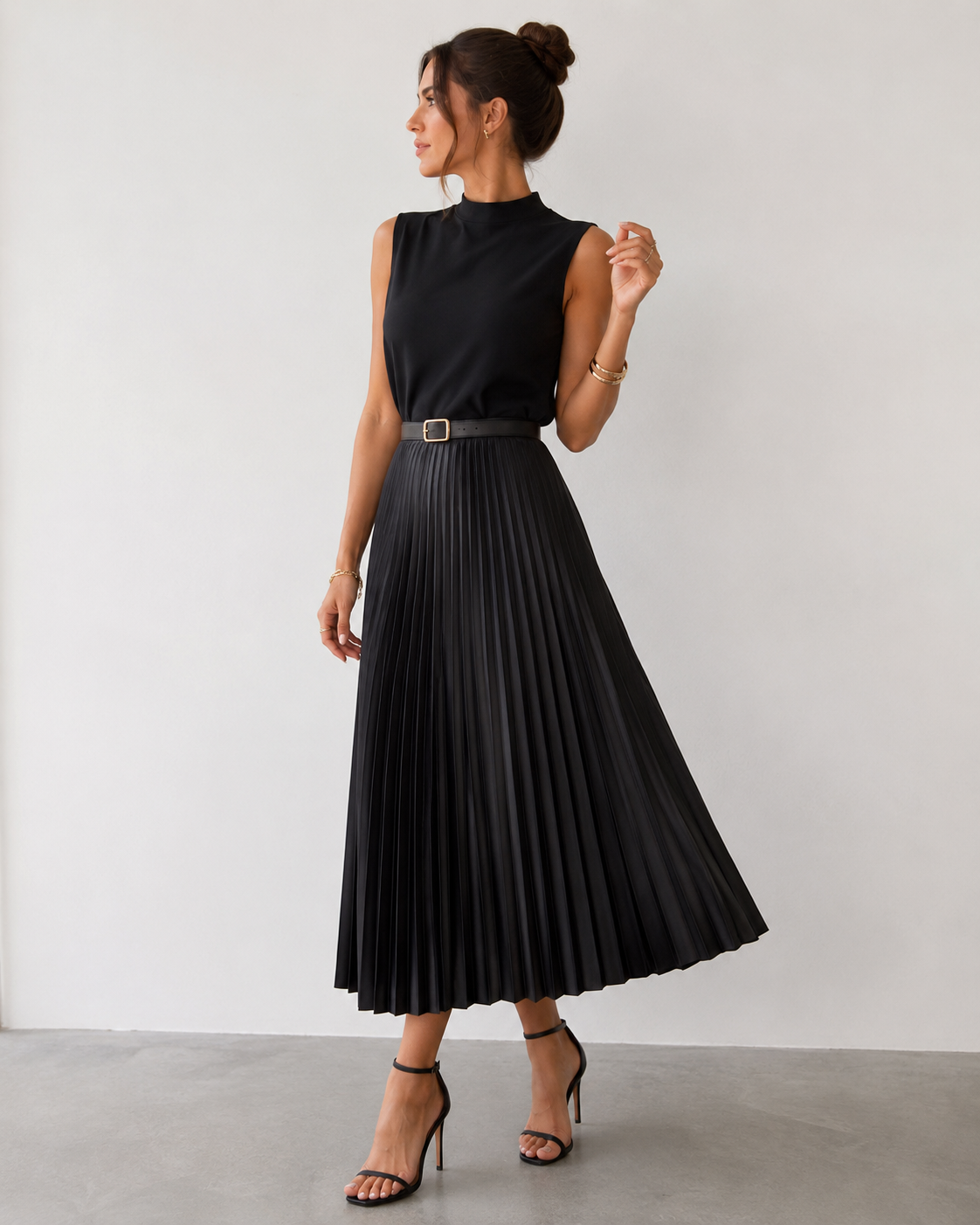 Women Black High Waist Pleated Midi Skirt