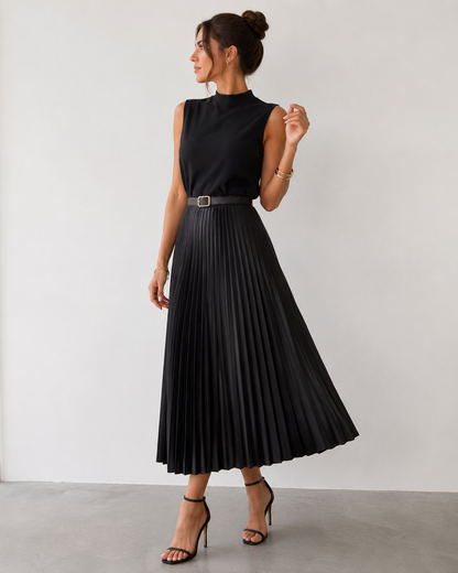 Women Black High Waist Pleated Midi Skirt
