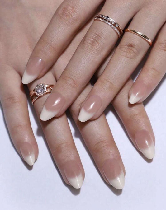 24-Piece French Tip Press-On Nails – Glossy Nude & White Almond Fake Nails – Elegant Reusable Manicure Set