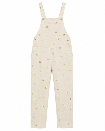 Women’s Khaki Floral Corduroy Overall Jumpsuit – Casual Loose Fit Sleeveless Dungarees