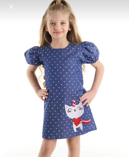 Girls’ Denokids Blue Polka Dot Cat Dress – Short Puff Sleeve Cotton Dress