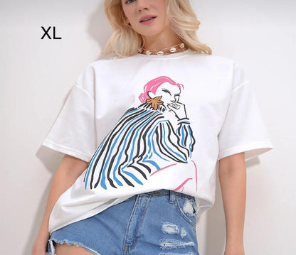 Women’s White Graphic Oversized Cotton T-Shirt, Casual Short Sleeve Printed Top