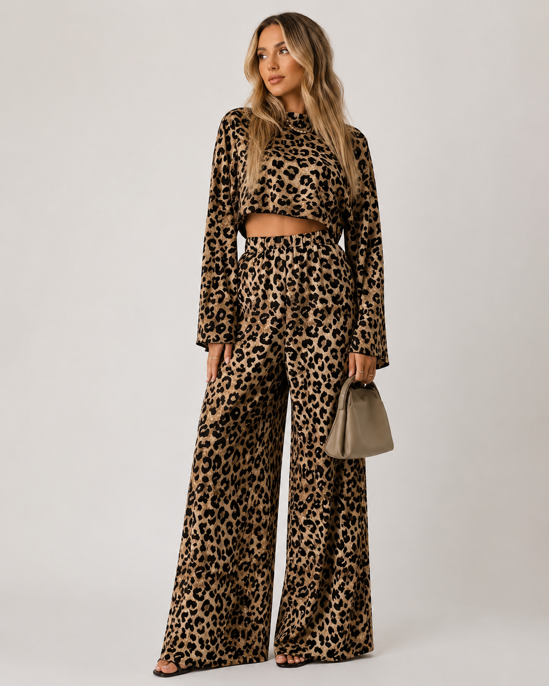 Women’s TEMU Leopard Print Three Piece Set – Crop Top, Long Cardigan and Wide Leg Pants