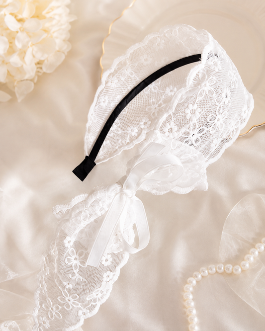 Women’s White Lace Headband Scarf with Ribbon Bow