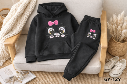 Girls Black Fleece Hoodie & Jogger Set – Cute Cartoon Cat Print – Winter Kids Tracksuit 6Y-12Y