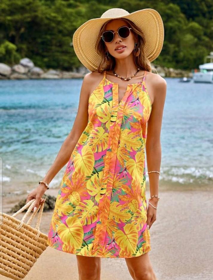 SHEIN Fast Delivery Tropical Print Sleeveless Beach Dress