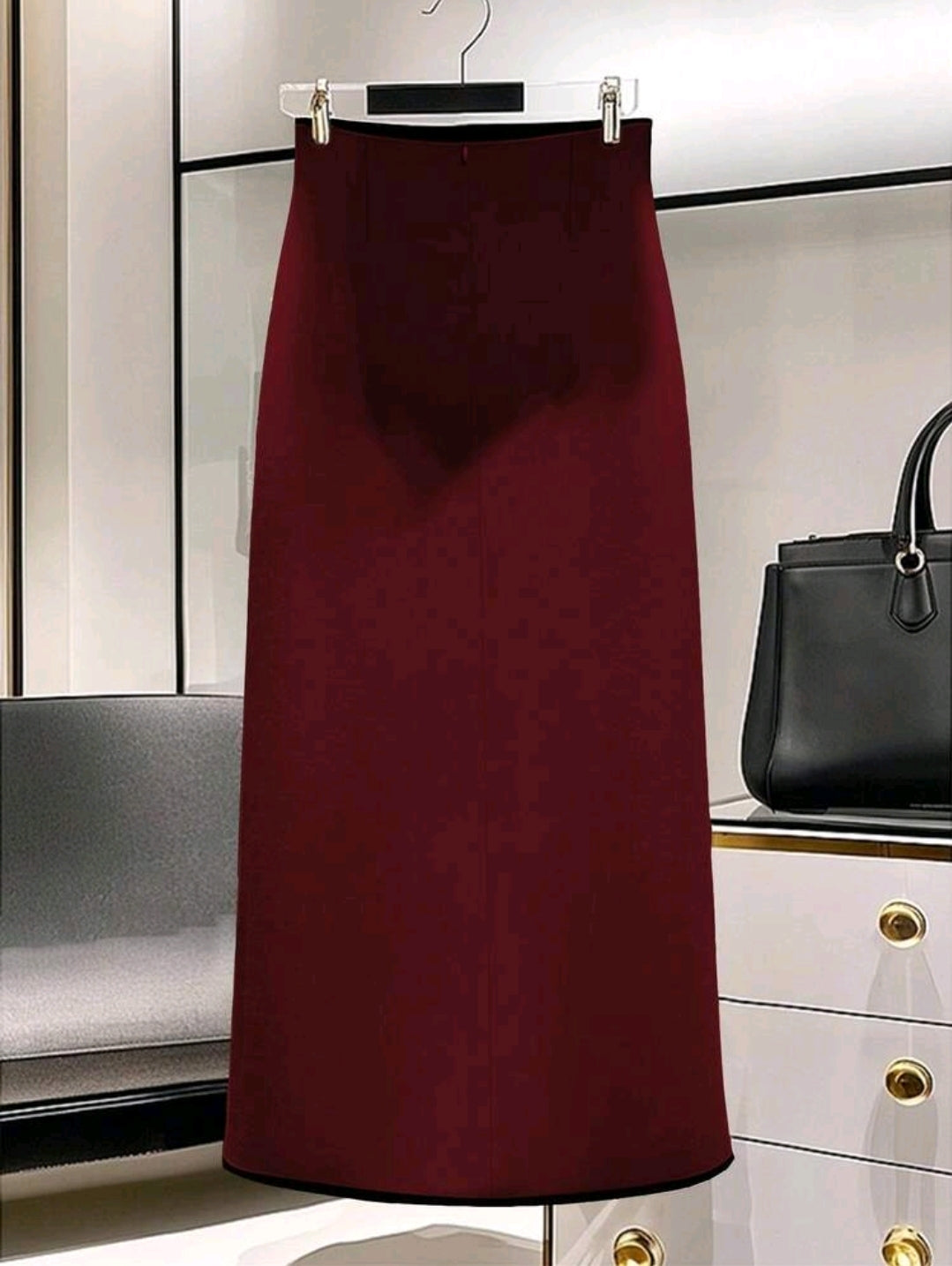 Burgundy High Waist Midi Skirt with Gold Button Detail and Front Slit