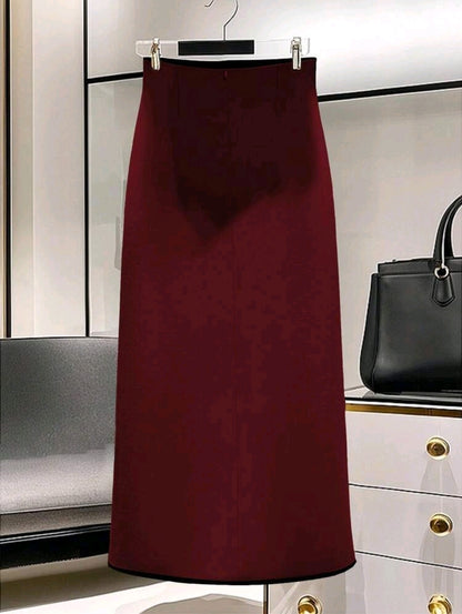 Burgundy High Waist Midi Skirt with Gold Button Detail and Front Slit