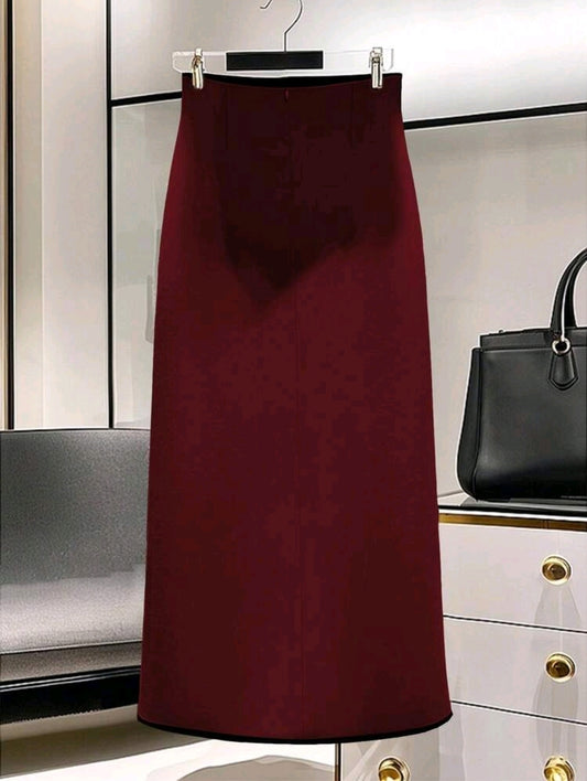 Burgundy High Waist Midi Skirt with Gold Button Detail and Front Slit