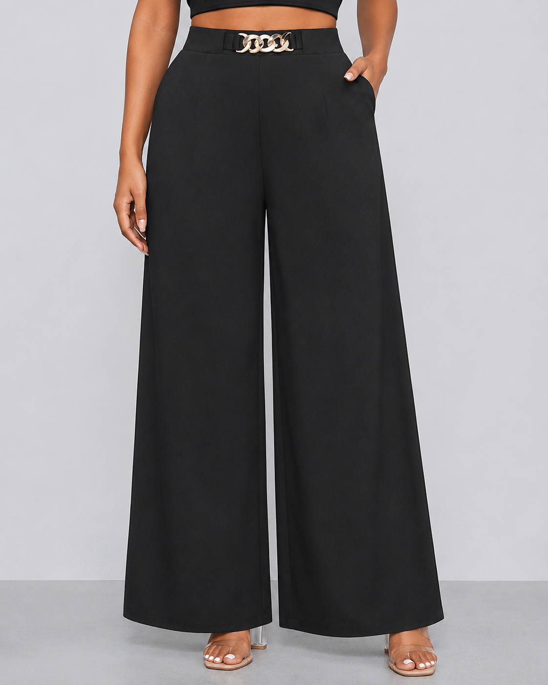 Black High Waist Wide Leg Pants with Chain Detail – SHEIN Fast Delivery in 5 Days