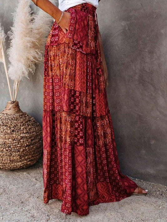Bohemian Red Patchwork Tiered Maxi Skirt