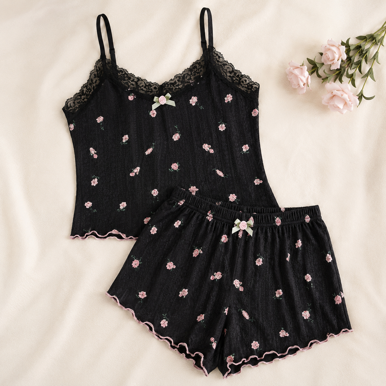 SHEIN Black Floral Lace Cami and Shorts Pajama Set