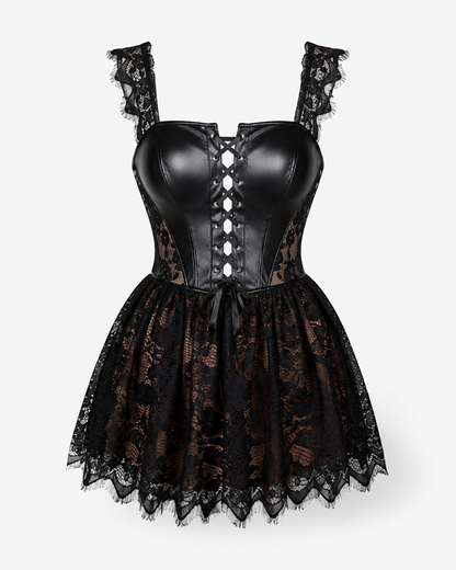 SHEIN Women’s Black Lace Mini Dress – Faux Leather Corset Style Party Dress, SHEIN Fast Delivery in 5 Days