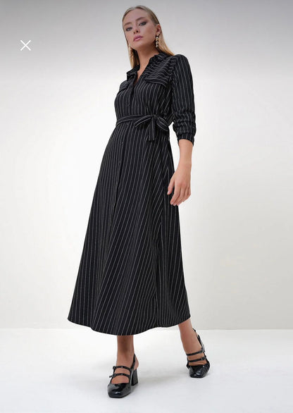 Black Striped Belted Shirt Maxi Dress – Long Sleeve Button Front Elegant Casual Dress for Women