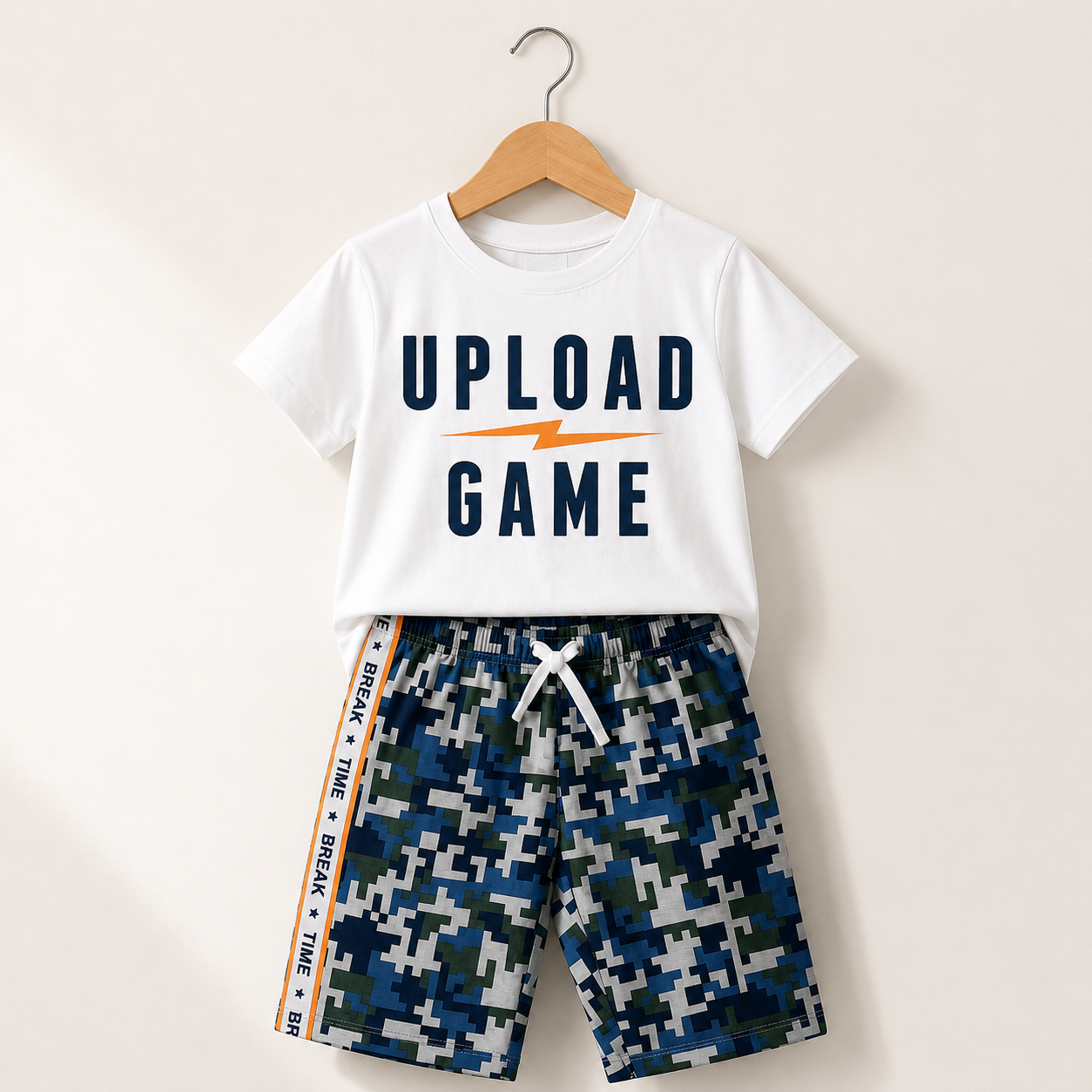 Boys White Upload Game T-Shirt & Camo Shorts Set – 2 Piece Casual Kids Outfit, Fast Delivery in 5 Days