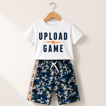 Boys White Upload Game T-Shirt & Camo Shorts Set – 2 Piece Casual Kids Outfit, Fast Delivery in 5 Days