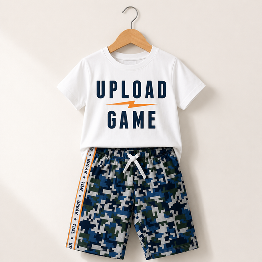 Boys White Upload Game T-Shirt & Camo Shorts Set – 2 Piece Casual Kids Outfit, Fast Delivery in 5 Days
