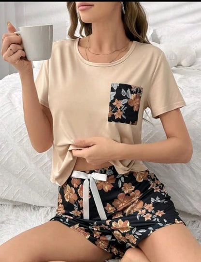 Women Two-Piece Homewear Set â€“ T-Shirt & Floral Shorts