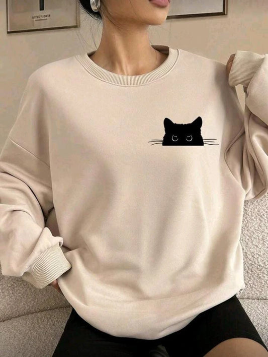Women Off White Cat Print Sweatshirt â€“ Casual Style