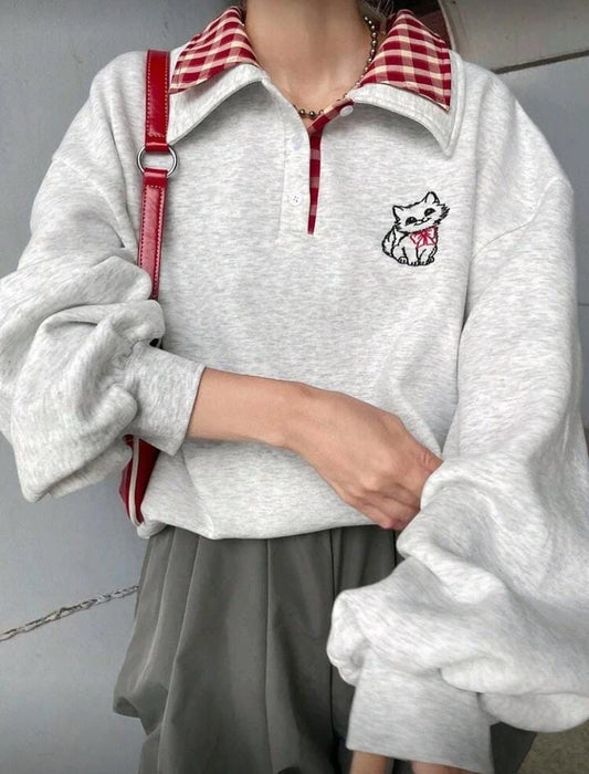 Women Grey Sweatshirt with Checkered Collar and Cat Embroidery â€“ Casual Winter S