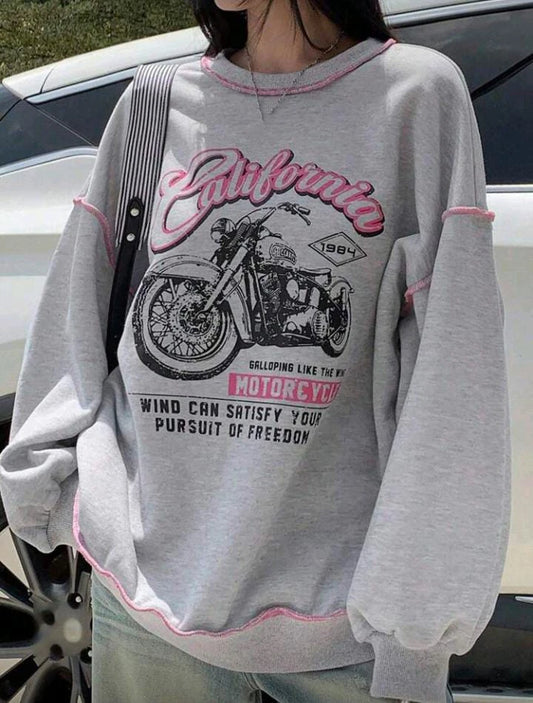 Women Oversized Sweatshirt with California Motorcycle Print â€“ Grey