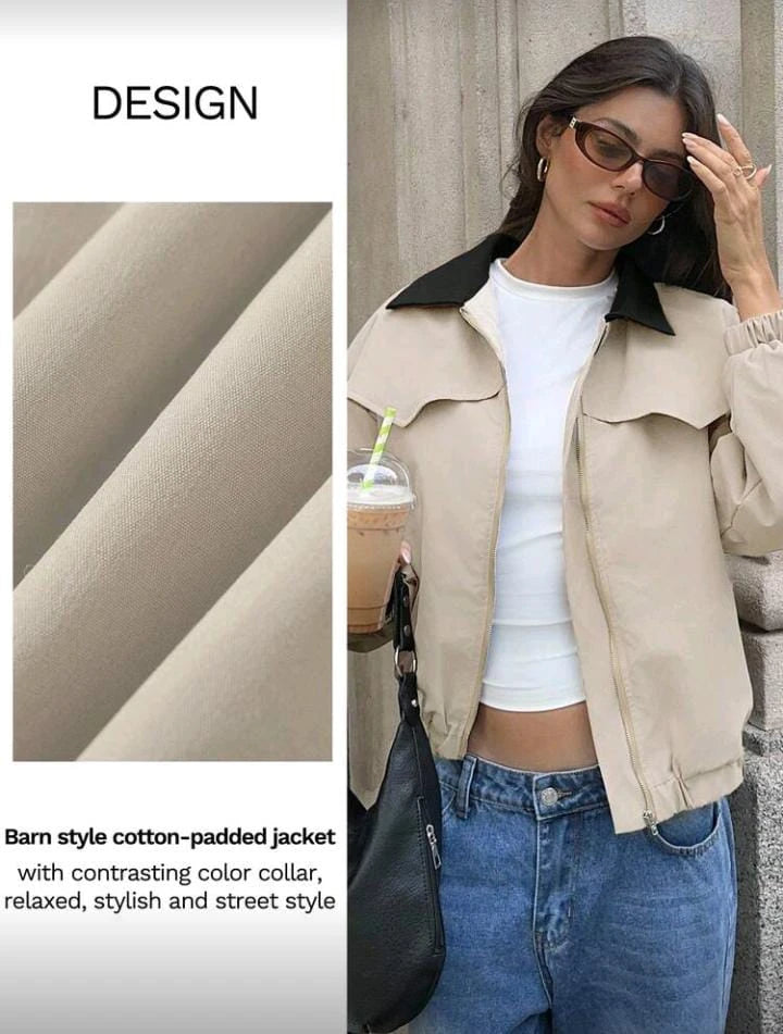 Women Padded Barn Style Jacket with Contrast Collar â€“ Beige