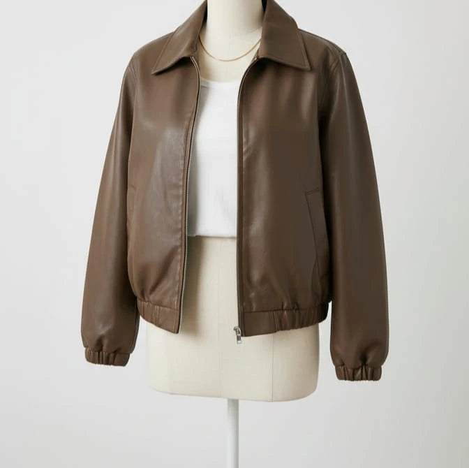 Women Faux Leather Jacket with Front Zipper â€“ Brown