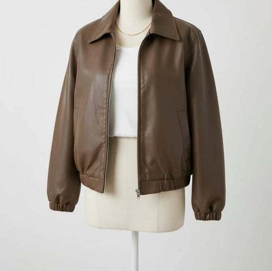 Women Faux Leather Jacket with Front Zipper â€“ Brown