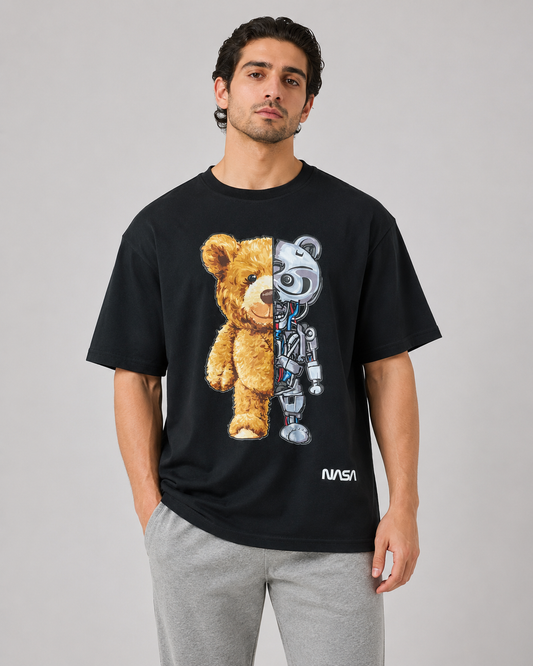 Men’s Black Teddy Robot Graphic Cotton T-Shirt, Short Sleeve Casual Top
